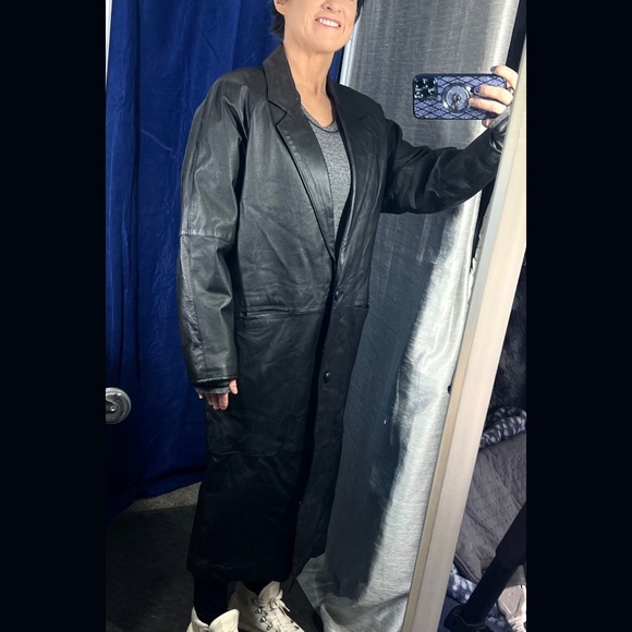 |•OAKBROOK•| Vintage Black Leather Full Length/Long Black Coat/Jacket Size Small - Picture 4 of 16
